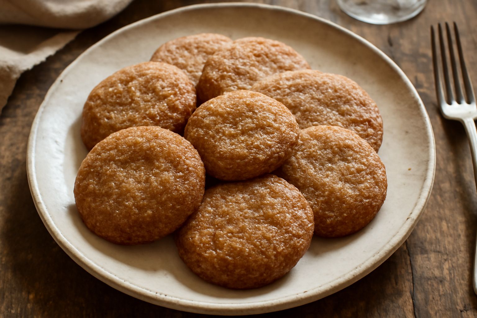 Biscotti Mostbröckli dorati e croccanti disposti su carta bianca, ricoperti di zucchero cristallizzato, con spezie visibili sulla superficie e mosto d'uva sfocato sullo sfondo