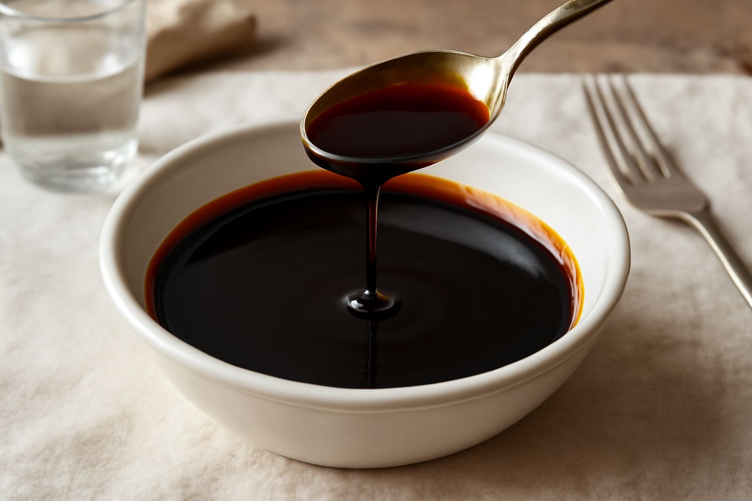 Mosto cotto color marrone scuro e lucido in una ciotola di ceramica, consistenza densa e appiccicosa, cucchiaio di legno che mostra la viscosità, pentola di rame sullo sfondo con fumo leggero