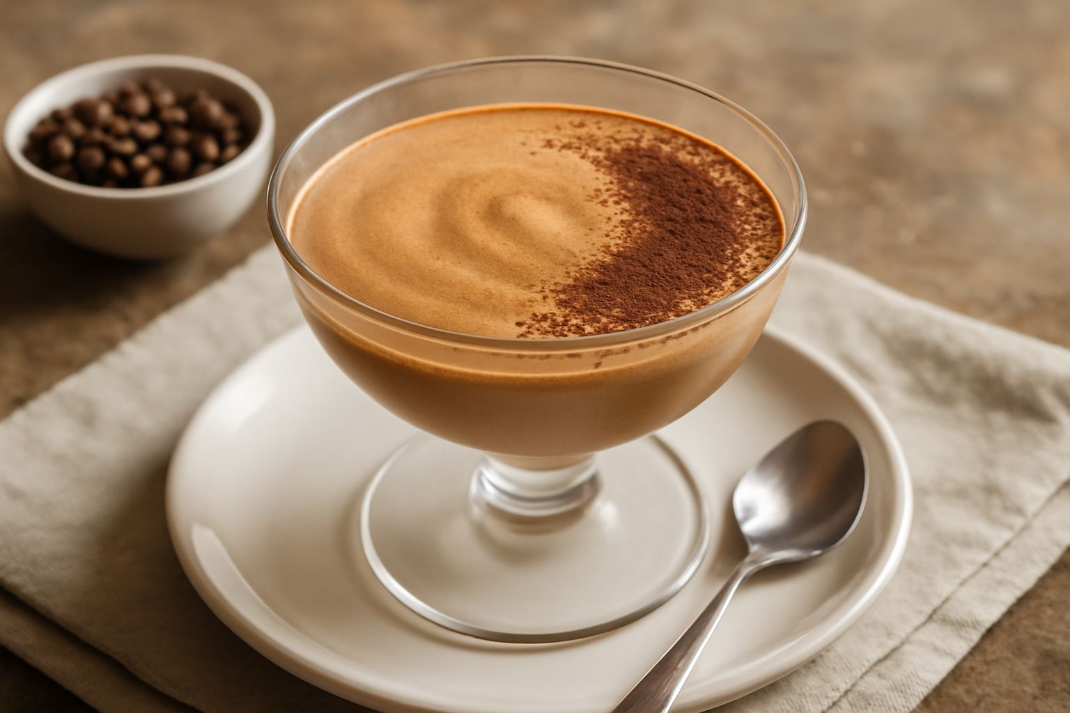 Coppa di vetro con mousse di caffè dal colore marrone chiaro, superficie liscia e vellutata, guarnita con scaglie di cioccolato fondente e cacao in polvere, su fondo bianco