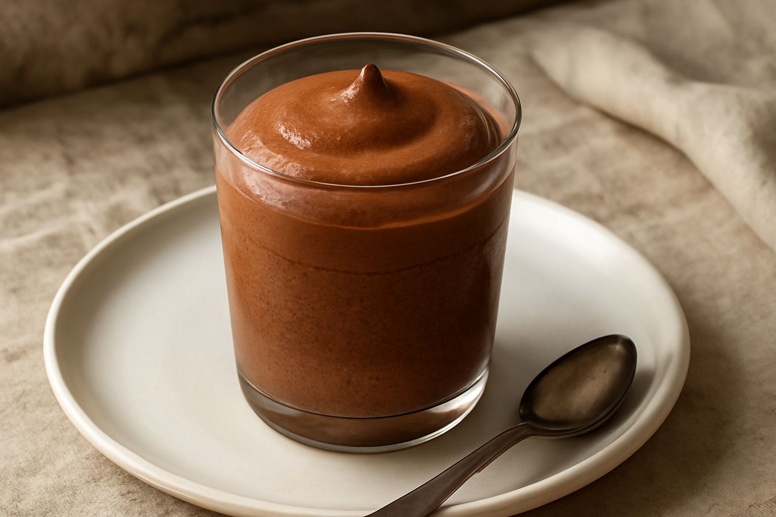 Mousse di cioccolato marrone scuro in bicchiere trasparente, alta tre centimetri con superficie liscia e lucida, guarnita con scaglie di cioccolato fondente e un cucchiaino d'argento accanto.