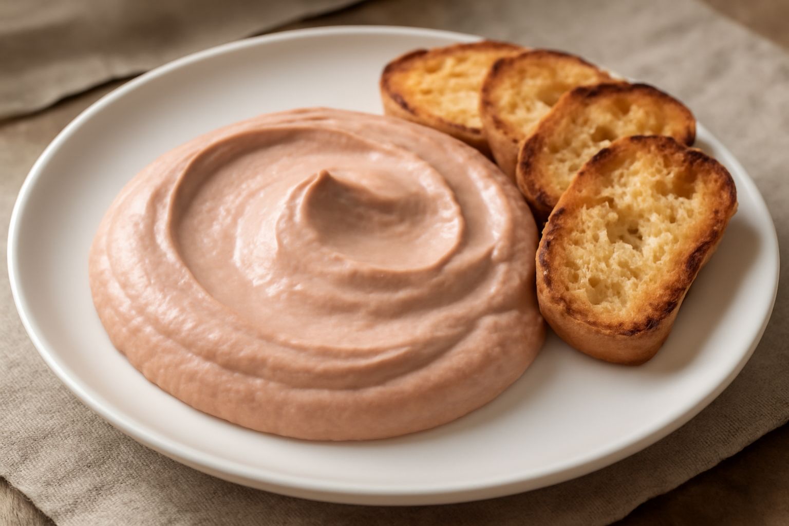 Mousse di fegatini rosa beige in ciotola bianca, servita con crostini tostati al lato, guarnita con prezzemolo fresco e un filo di olio extravergine
