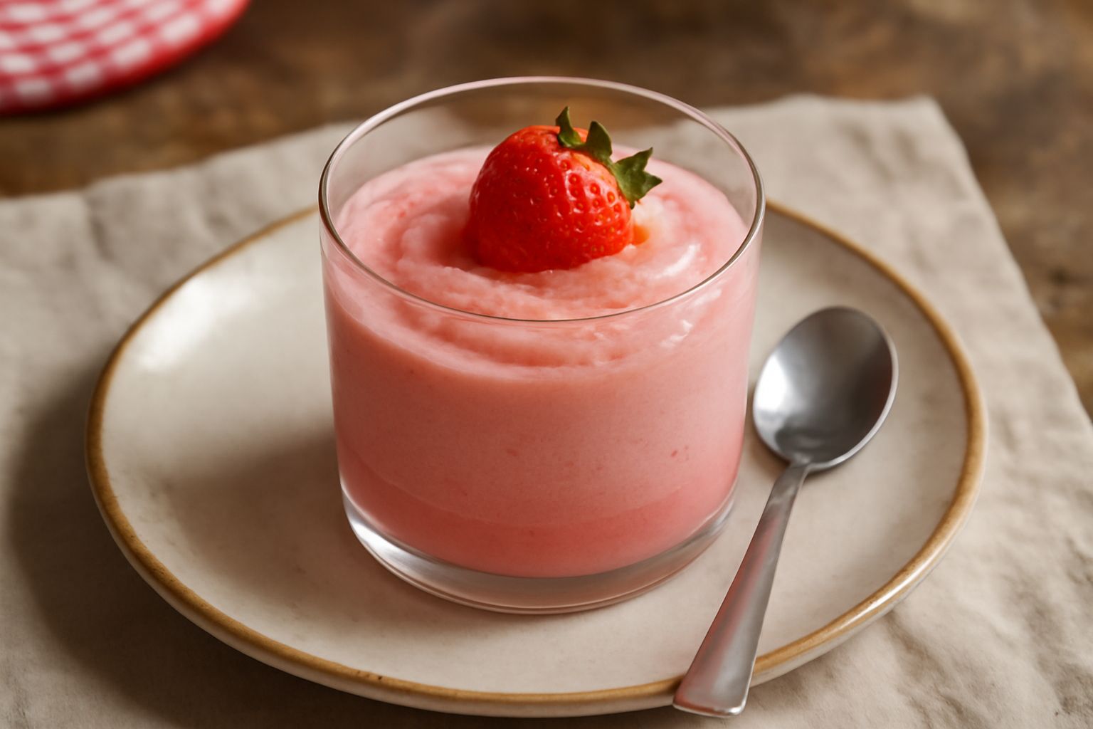 Mousse di fragola in bicchiere trasparente con crema bianca e rosa, decorato con fragola intera fresca in cima e miccica di pistacchio, ripresa frontale su piatto bianco