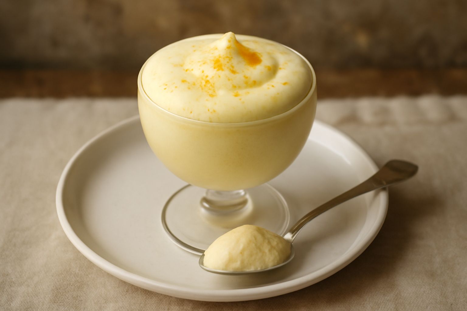 Mousse di limone in coppa di vetro, colore giallo pallido, superficie liscia e soffice, guarnita con scorza di limone grattugiata, posata su fondo bianco con limone fresco accanto