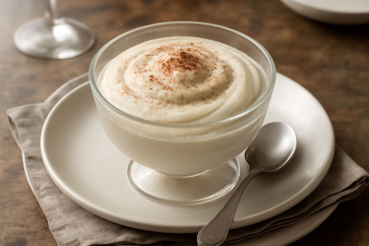 Mousse di mascarpone color crema in una coppa di vetro trasparente, spumosa e leggera, guarnita con cacao in polvere spolverato in superficie e biscotto amaretto accanto