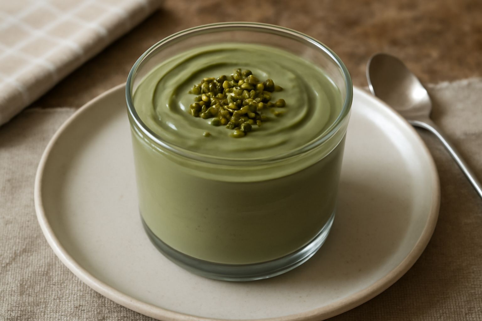Mousse di pistacchio di colore verde salvia, servita in bicchiere trasparente, con superficie liscia e lucida, guarnita con granella di pistacchio verde scuro e una foglia di menta fresca, su fondo bi