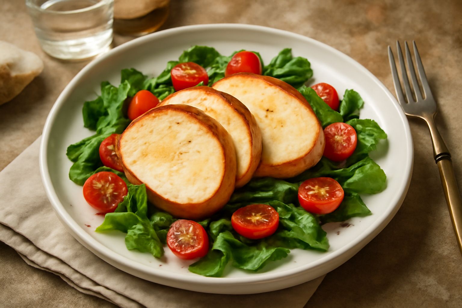Mozzarella affumicata tagliata a fette su un piatto bianco, con tonalità marrone dorato in superficie e interno bianco cremoso, accompagnata da foglie di insalata verde