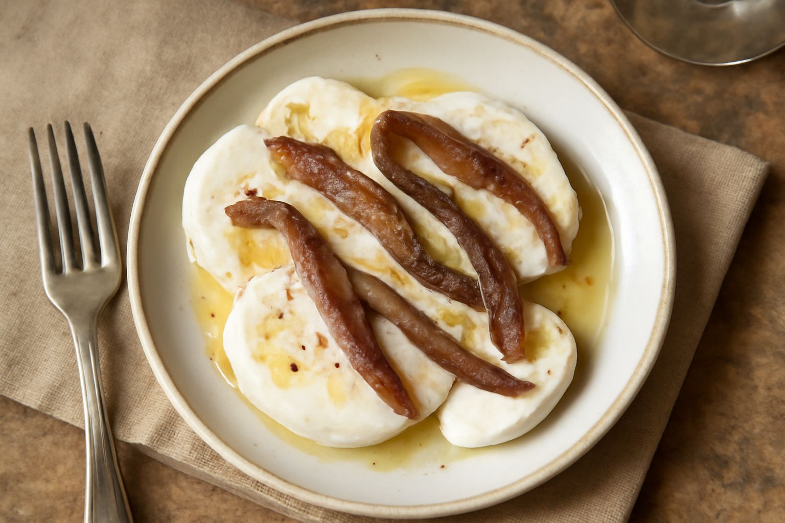 Mozzarella bianca tagliata a fette su un piatto bianco con acciughe scure disposte sopra, filo di olio extravergine d'oliva e basilico fresco