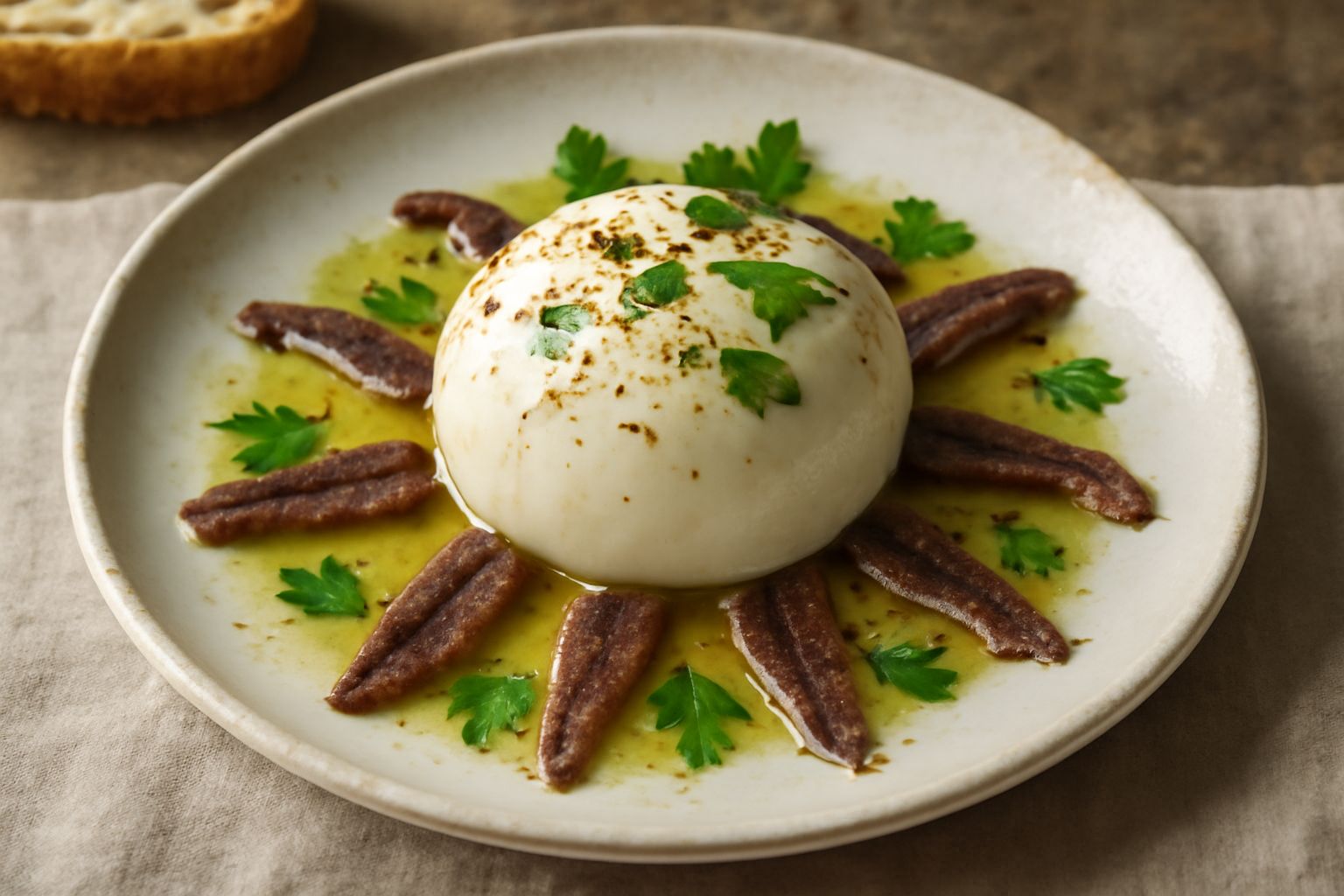 Mozzarella bianca cremosa con alici scure e filetti d'acciuga, foglie di prezzemolo fresco e pepe nero, in un piatto di ceramica bianca con olio extravergine che luccica.