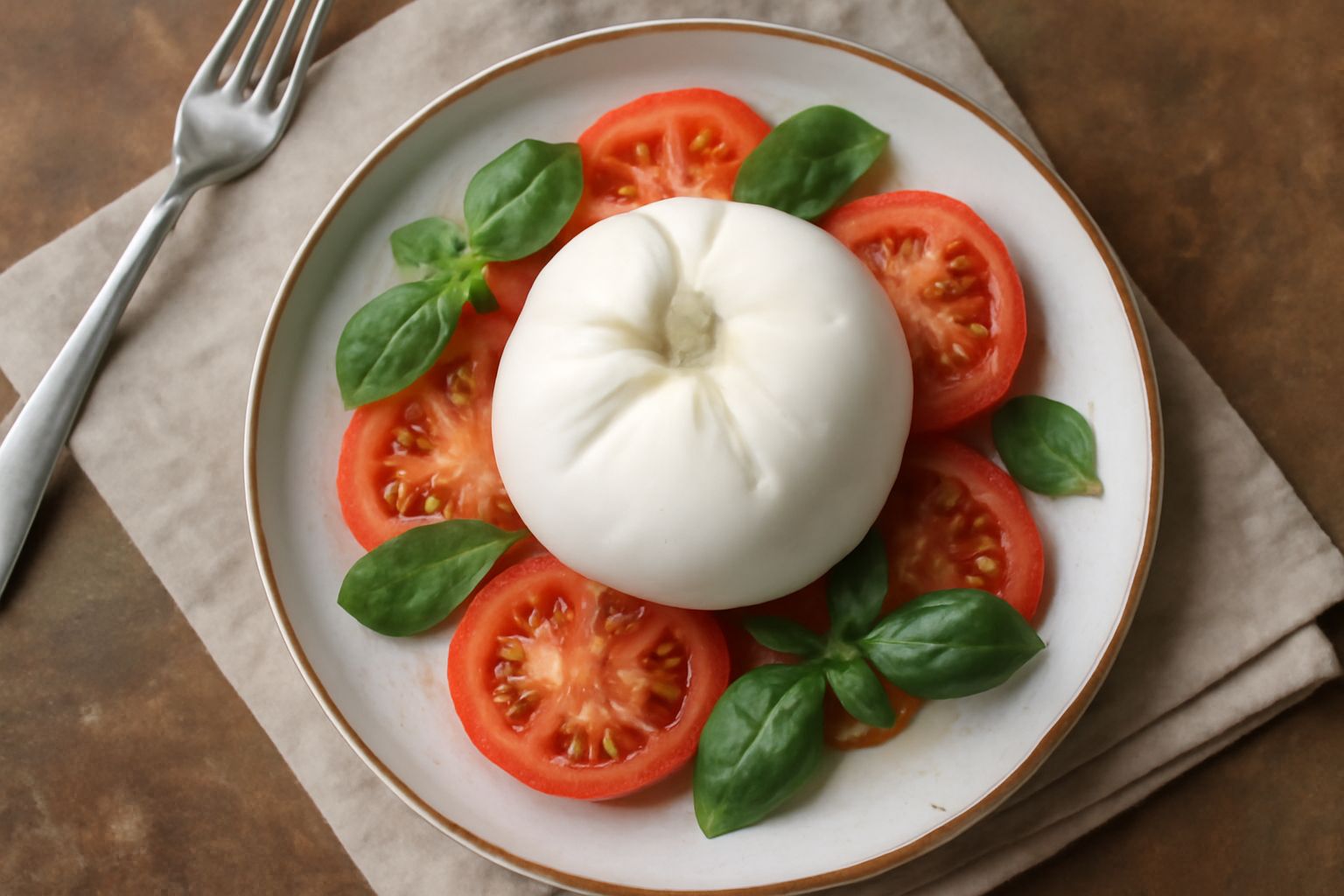 Mozzarella di bufala bianca, liscia e lucida in una ciotola di ceramica con acqua di conservazione, accanto a pomodori rossi e foglie di basilico fresco