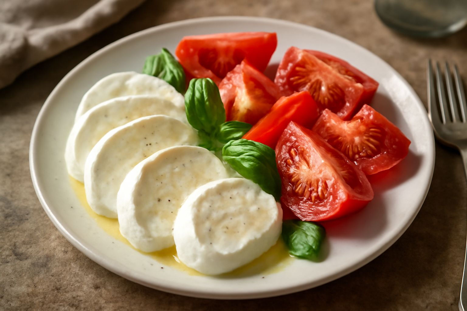 Piatto bianco con mozzarella di bufala a fette bianche cremose, pomodori rossi tagliati a spicchi, foglie di basilico verde fresco, filo d'olio d'oliva, grani di sale nero sparsi, con un contorno di f
