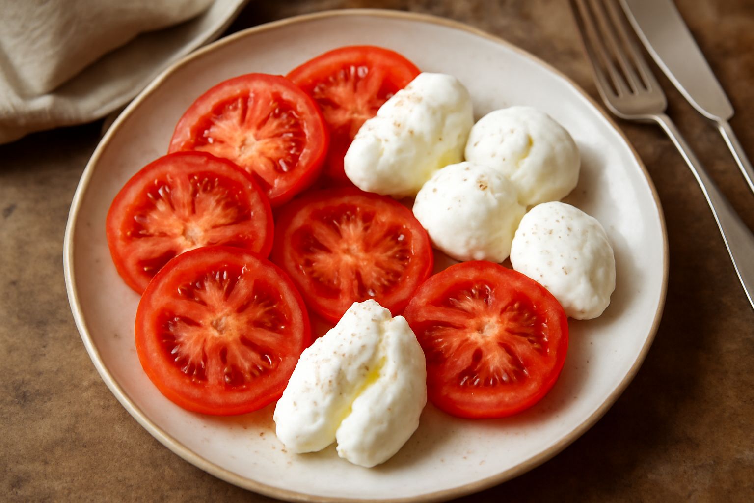 Piatto bianco con fette di pomodoro rosso vivo alternate a ciliegioni di mozzarella di bufala lattiginosa, cosparse di foglie di basilico fresco verde, con un filo d'olio extravergine brillante che ca