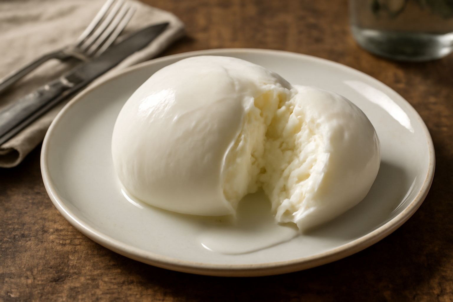 Una palla di mozzarella di bufala fresca bianca perlata, intera e tagliata a metà, poggiata su un piatto di ceramica bianca con poche gocce di siero, contorno sfumato con foglie di basilico fresco