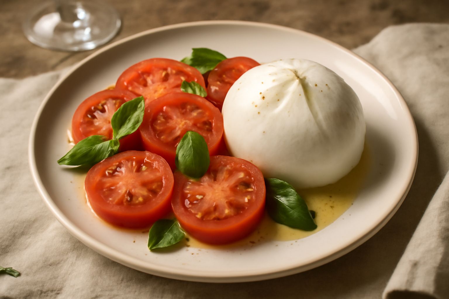 Piatto bianco con fette di mozzarella fresca bianca e pomodori rossi tagliati, conditi con olio d'oliva verde e foglie di basilico fresco