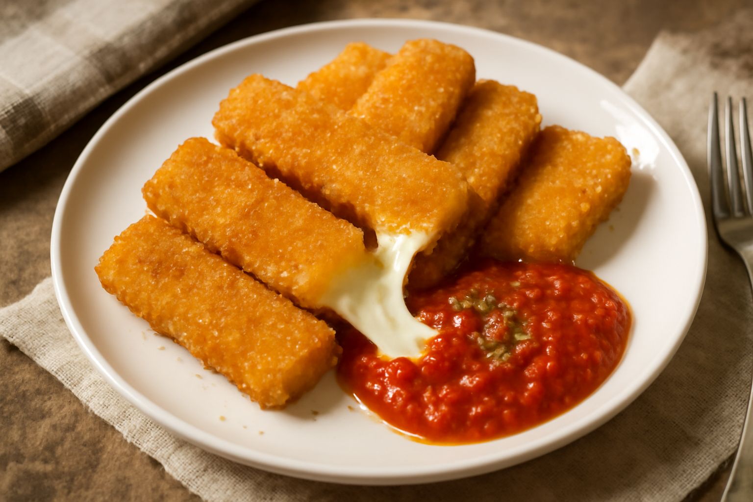 Quattro rettangoli di mozzarella fritta su piatto bianco, panatura dorata e croccante, formaggio filante che esce dal taglio, contorno di salsa pomodoro rossa fresca