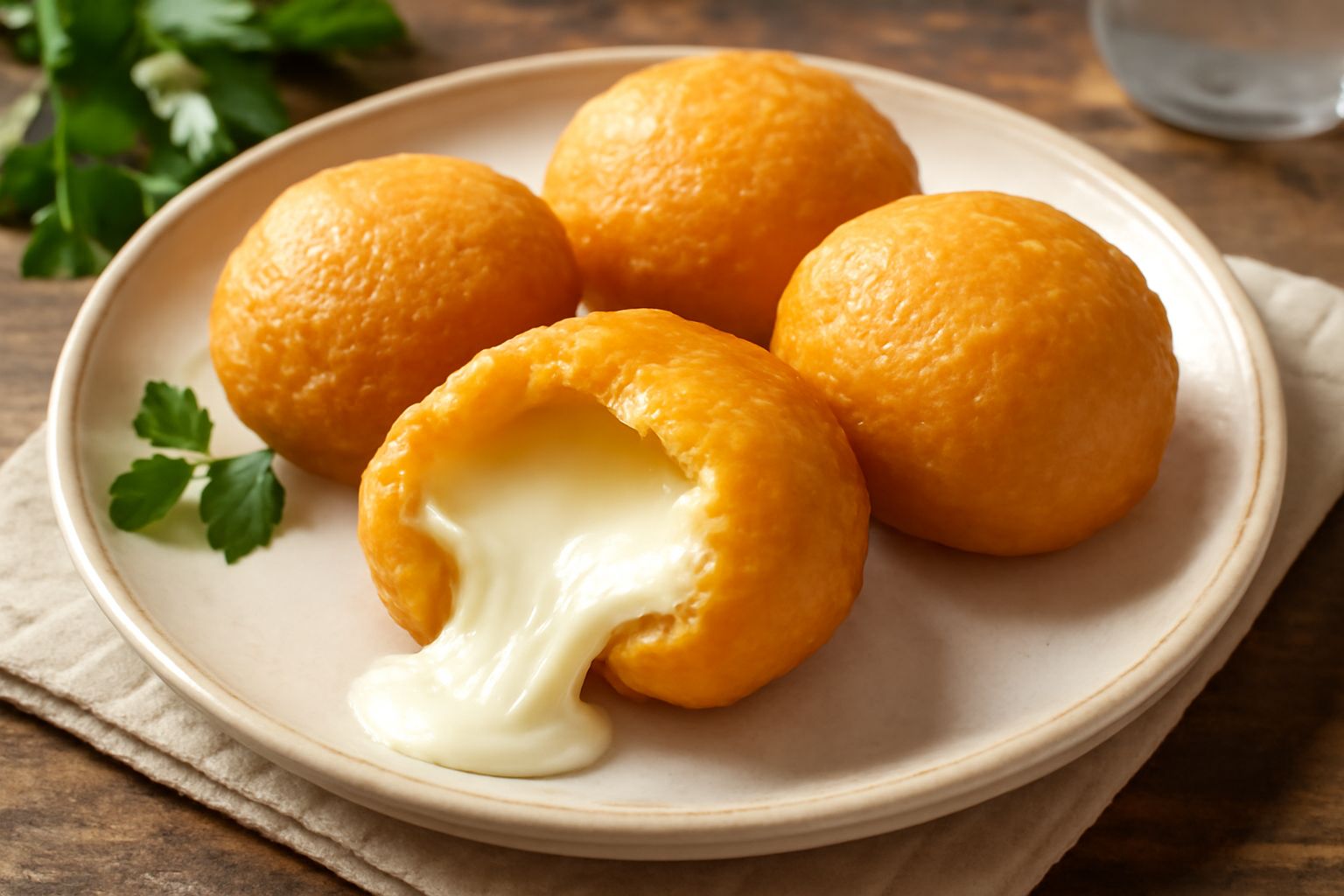 Mozzarella fritta in pastella appena sfornata, di colore dorato brillante, croccante, tagliata a metà con il formaggio filante che esce dal centro, servita su carta assorbente con limone fresco e una 