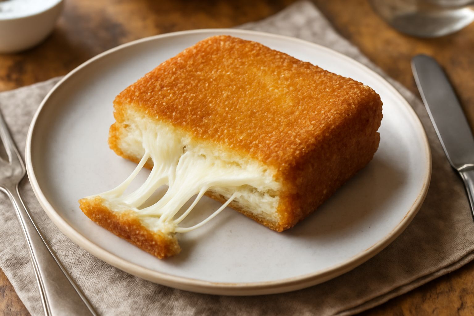 Mozzarella in carrozza dorate e croccanti, tagliate a metà per mostrare il formaggio filante al centro, servite in un piatto bianco con contorno di insalata verde