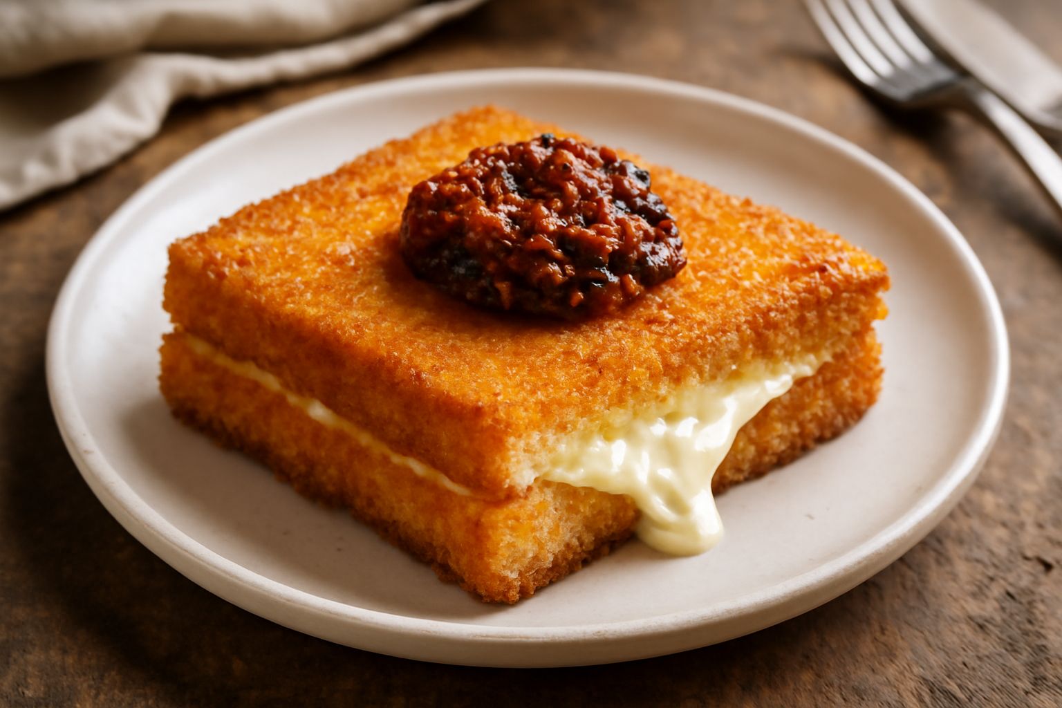 Mozzarella in carrozza cosentina: due rettangoli fritti dorati posti nel piatto bianco, con mozzarella filante visibile tra il pane croccante, guarniti con ragù scuro in cima e basilico fresco