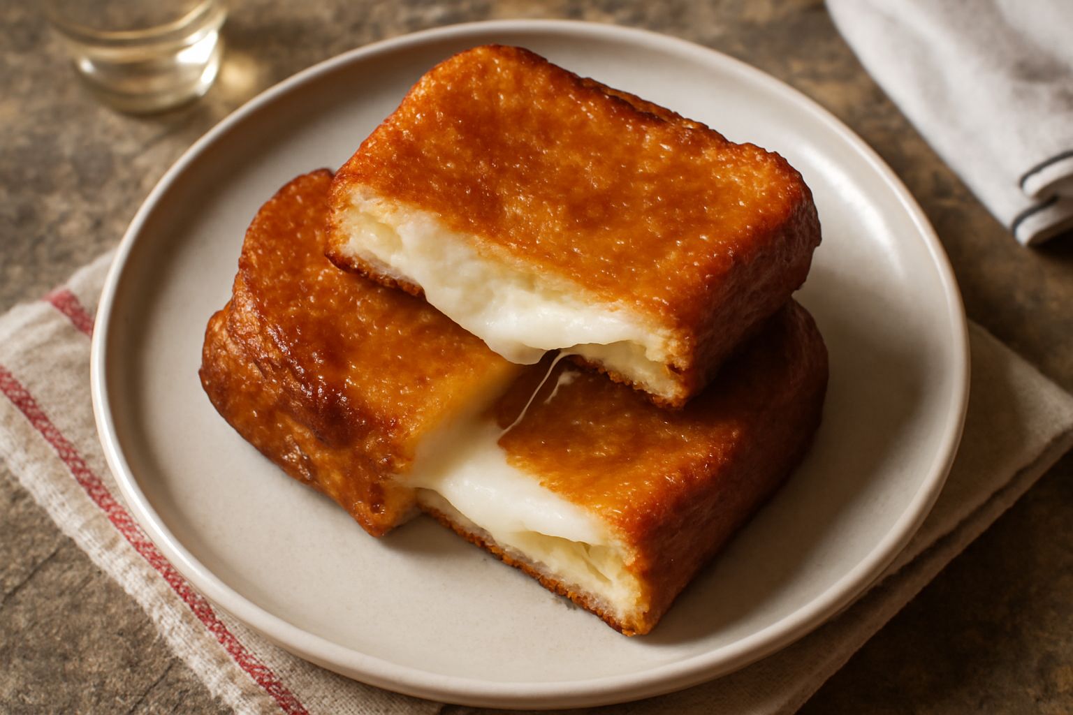 Tre rettangoli di pane fritto color oro, tagliati diagonalmente. Dalla frattura esce un filo di mozzarella bianca filante. Piatto bianco, contorno di prezzemolo fresco.