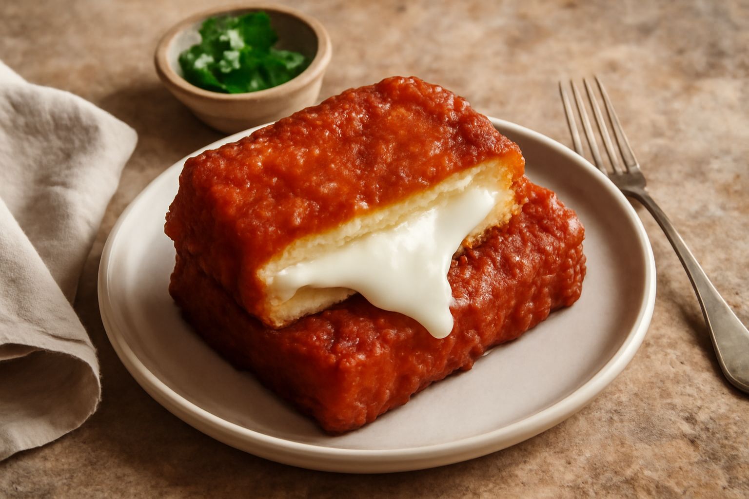 Tre rettangoli di mozzarella in carrozza fritta, con crosticina color oro lucido, appena messi su un piatto bianco con carta assorbente, il formaggio che trasuda dai bordi leggermente