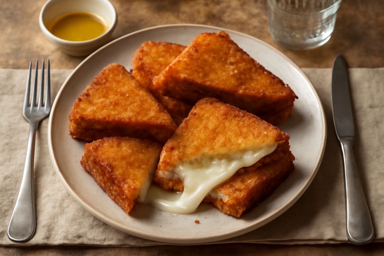 Mozzarella in carrozza dorata e croccante tagliata a metà, con il formaggio filante visibile all'interno, adagiata su carta assorbente su un tavolo di legno