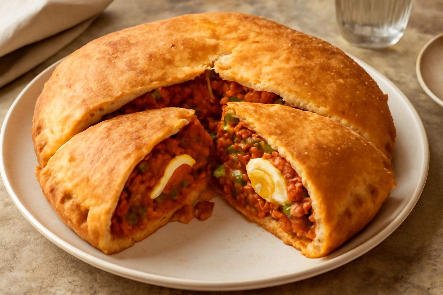 Mpanata tagliata a fette, ripiena visibilmente di ragù rosso e formaggio giallo, crosta dorata croccante, su piatto bianco con contorno di pomodori freschi