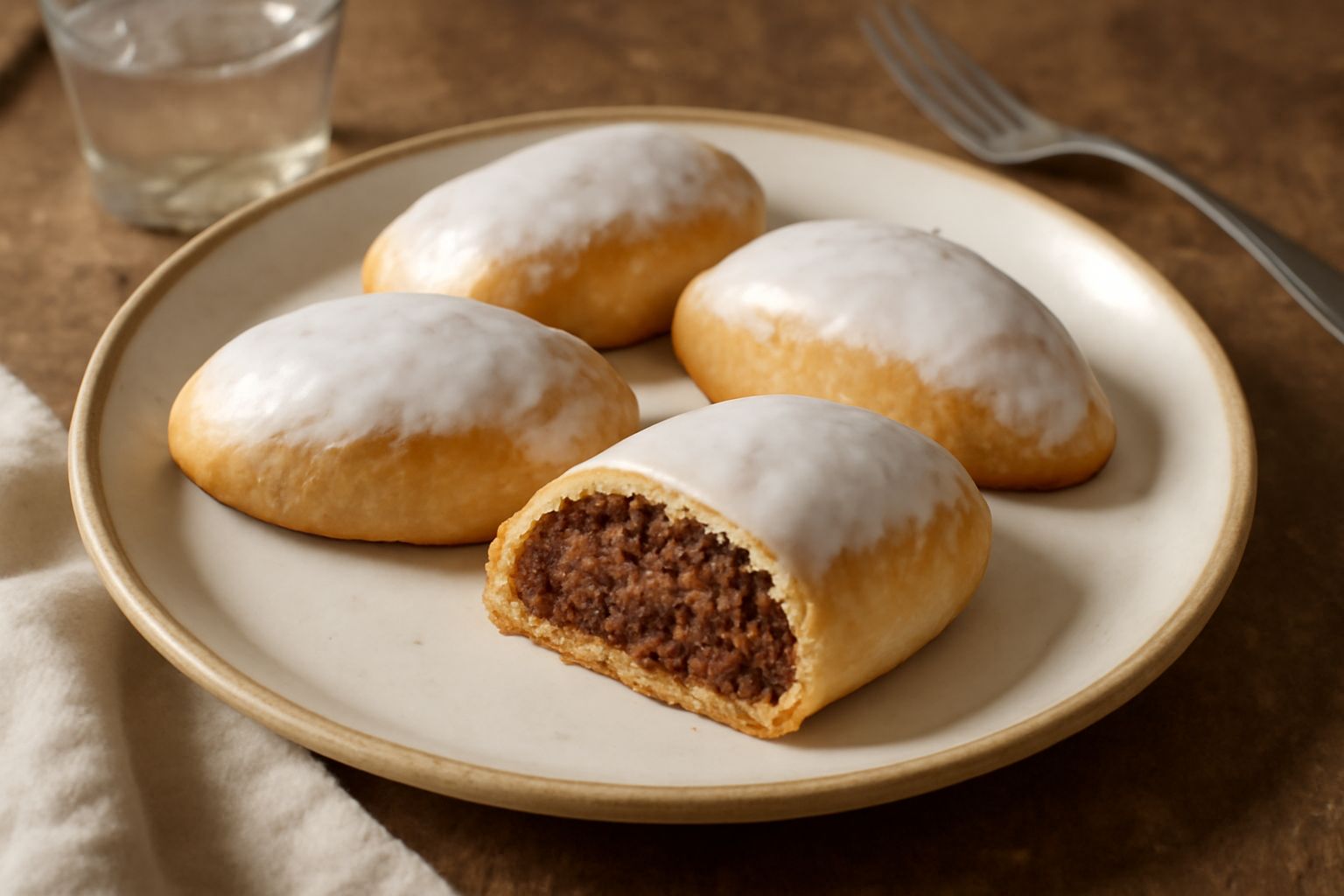 Tre mpanatigghi dorati e croccanti su un piatto bianco, coperti di glassa di zucchero bianco, con una sezione trasversale che mostra il ripieno marrone scuro di carne e spezie