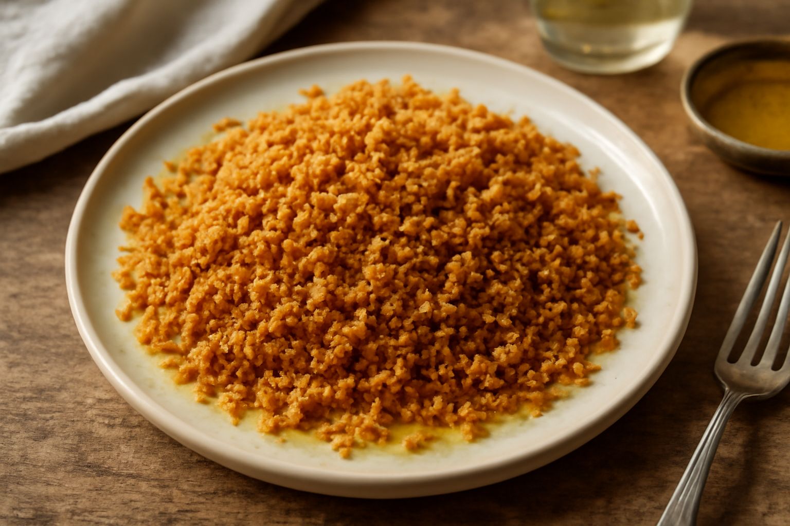 Pangrattato dorato e croccante tostato in olio d'oliva, servito in una ciotola bianca, con visibili frammenti di aglio e peperoncino rosso, accanto a un cucchiaio di legno