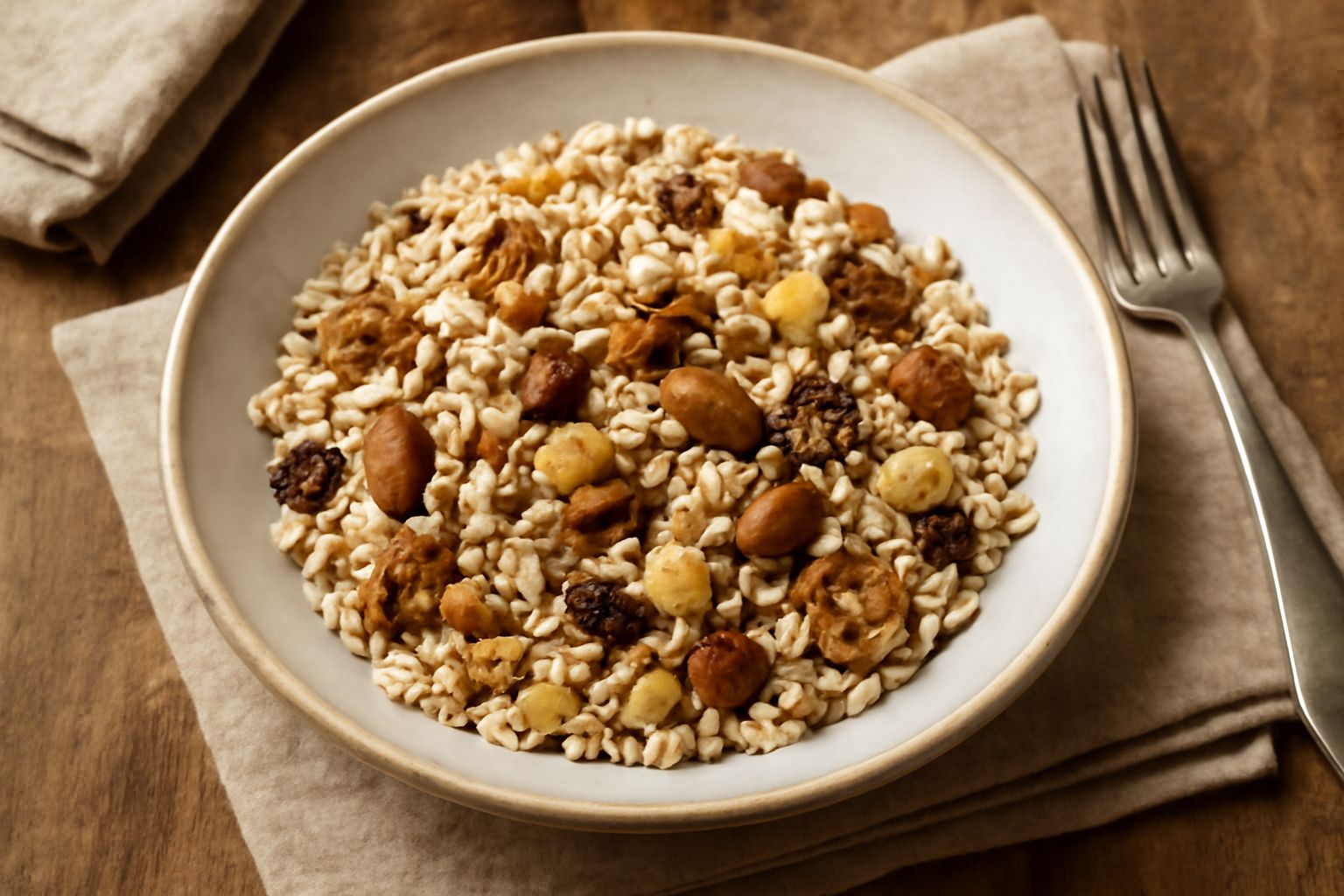 Muesli trentino servito in una ciotola bianca con avena, cereali misti, noci sgusciate, uvetta, mele tagliate e una tazza di latte accanto su fondo di legno naturale