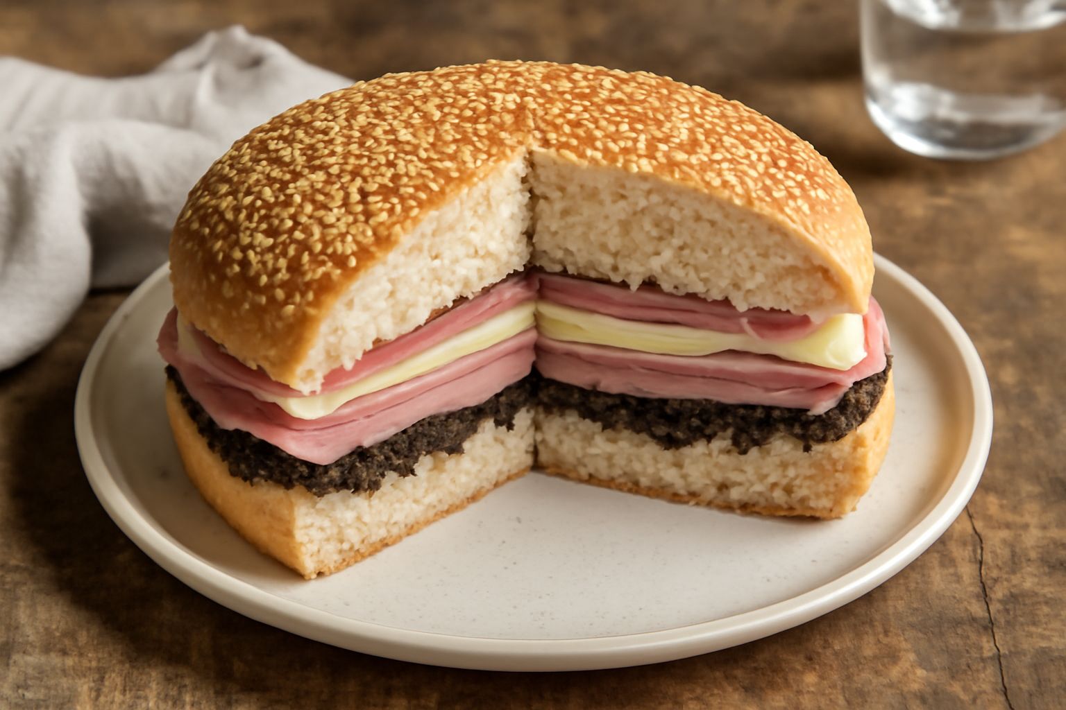 Muffoleta tagliata a metà su un piatto bianco: panino rotondo color nocciola con ripieno di salumi rosa, formaggi gialli e olive scure, impiattato con tovaglia a quadri