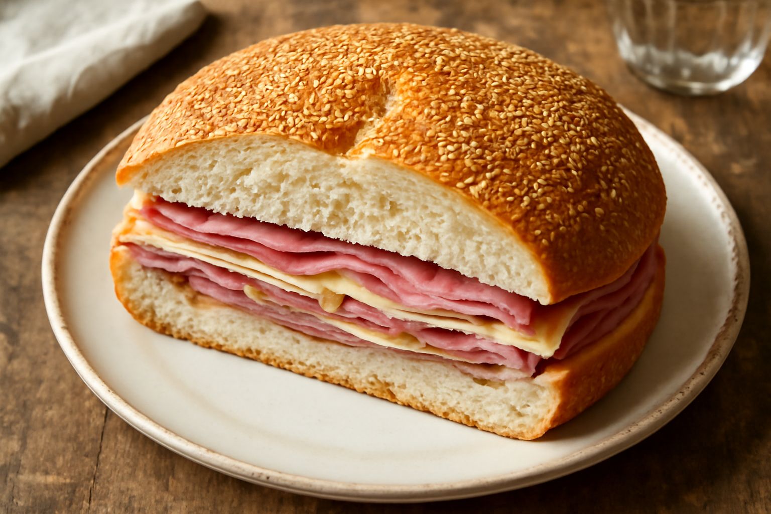 Una muffoletta tagliata a metà mostra il pane bianco al centro con ripieno di salumi rosa, formaggio giallo, olive verdi e rosse, peperoni lucidi, tutto unito da un olio dorato; la base è un piatto gr