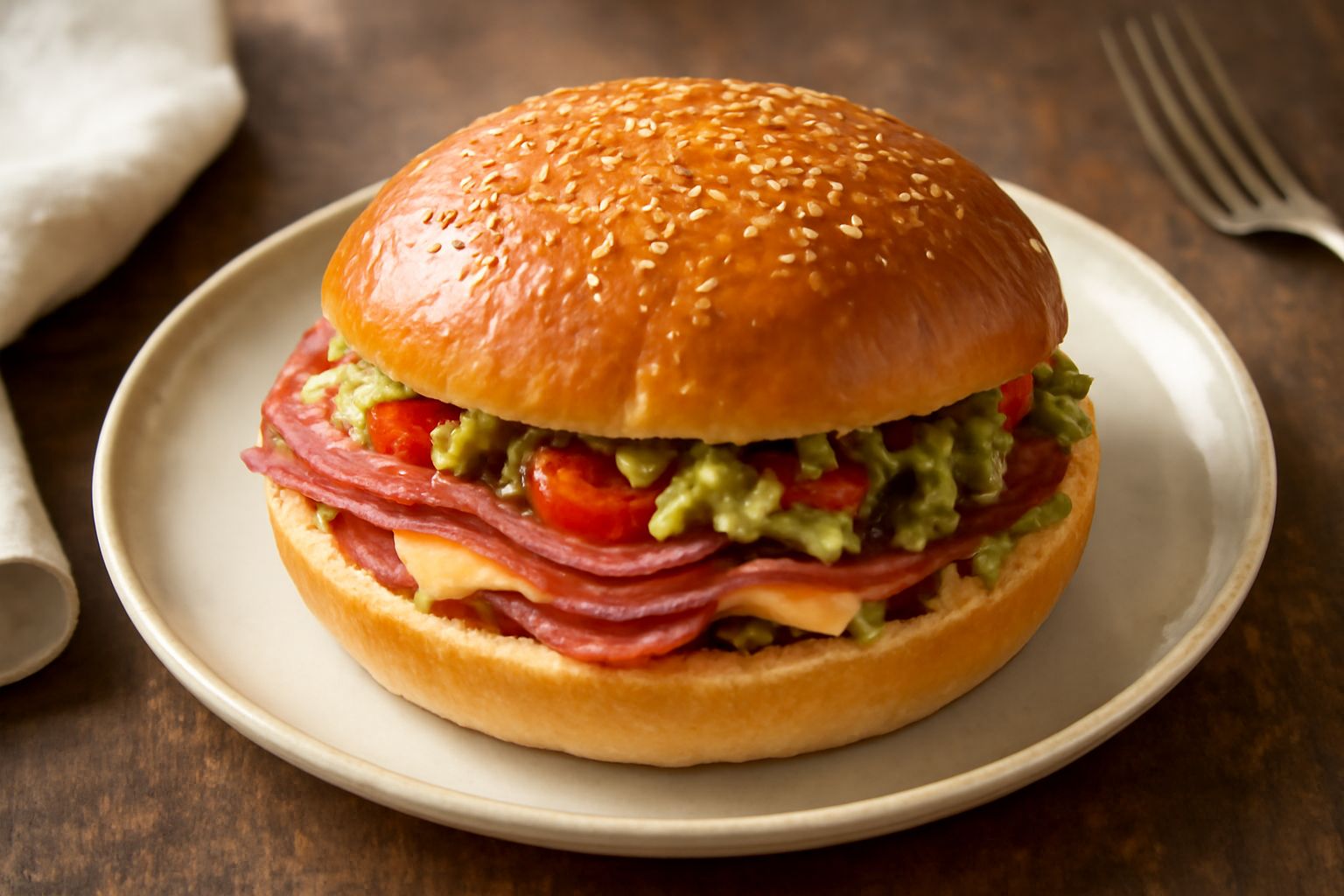 Muffuletta appena tagliata a metà su tavolo di legno, mostra il ripieno di salumi rosa, formaggio bianco e verdure gialle, crosta dorata in primo piano