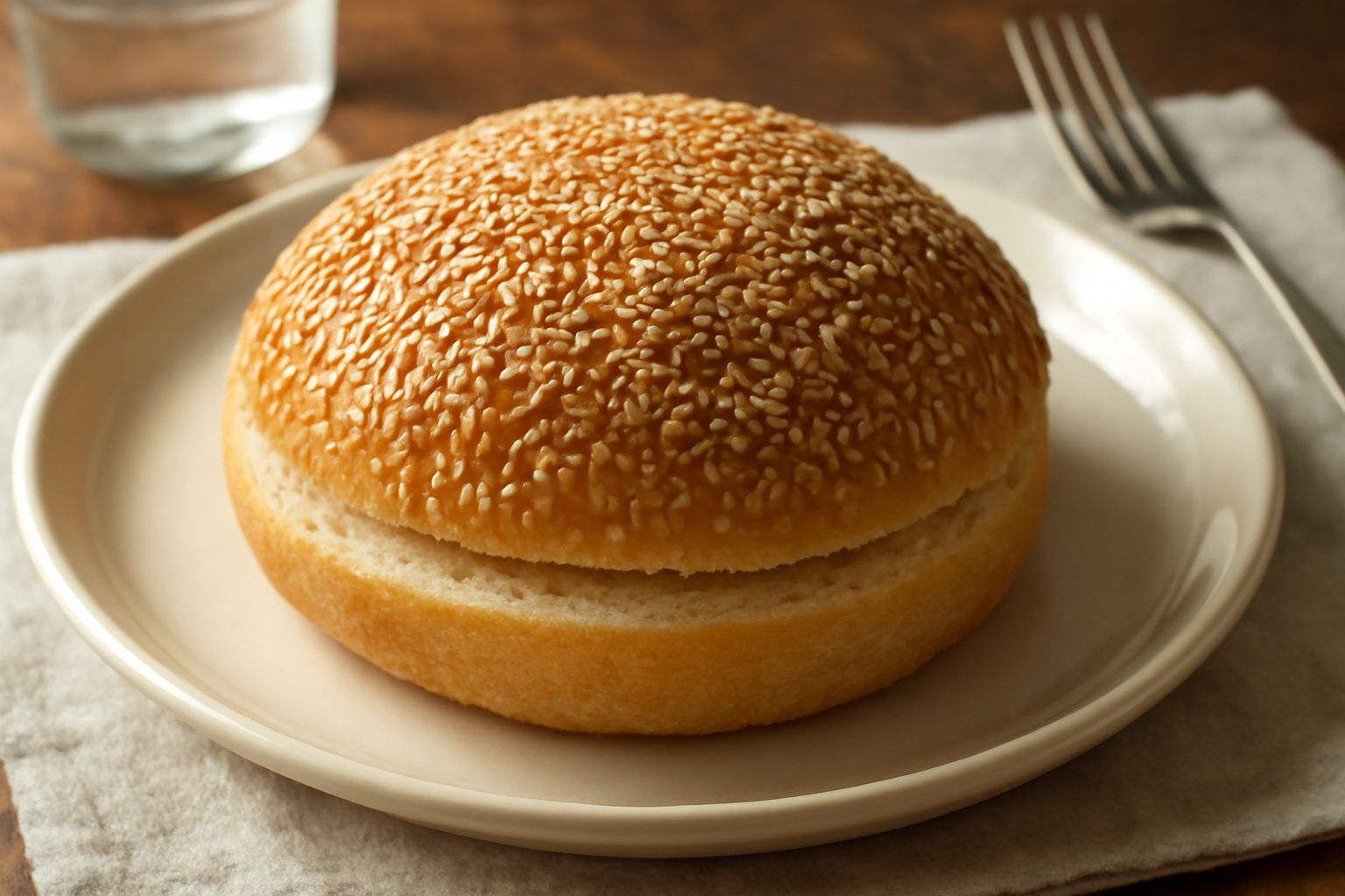 Muffuletta agrigentina dorata e croccante ricoperta di semi di sesamo bianco, tagliata a metà per mostrare l'interno morbido, con anice stellato accanto