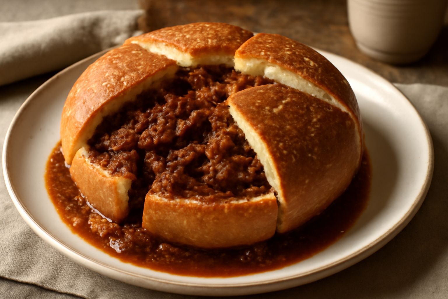 Muffuletta catanese intera e tagliata a spicchi, mostra il pane croccante esterno dorato, la cavità interna piena di ragù scuro e pezzi di carne visibili, servita su un piatto bianco con tovaglia di l
