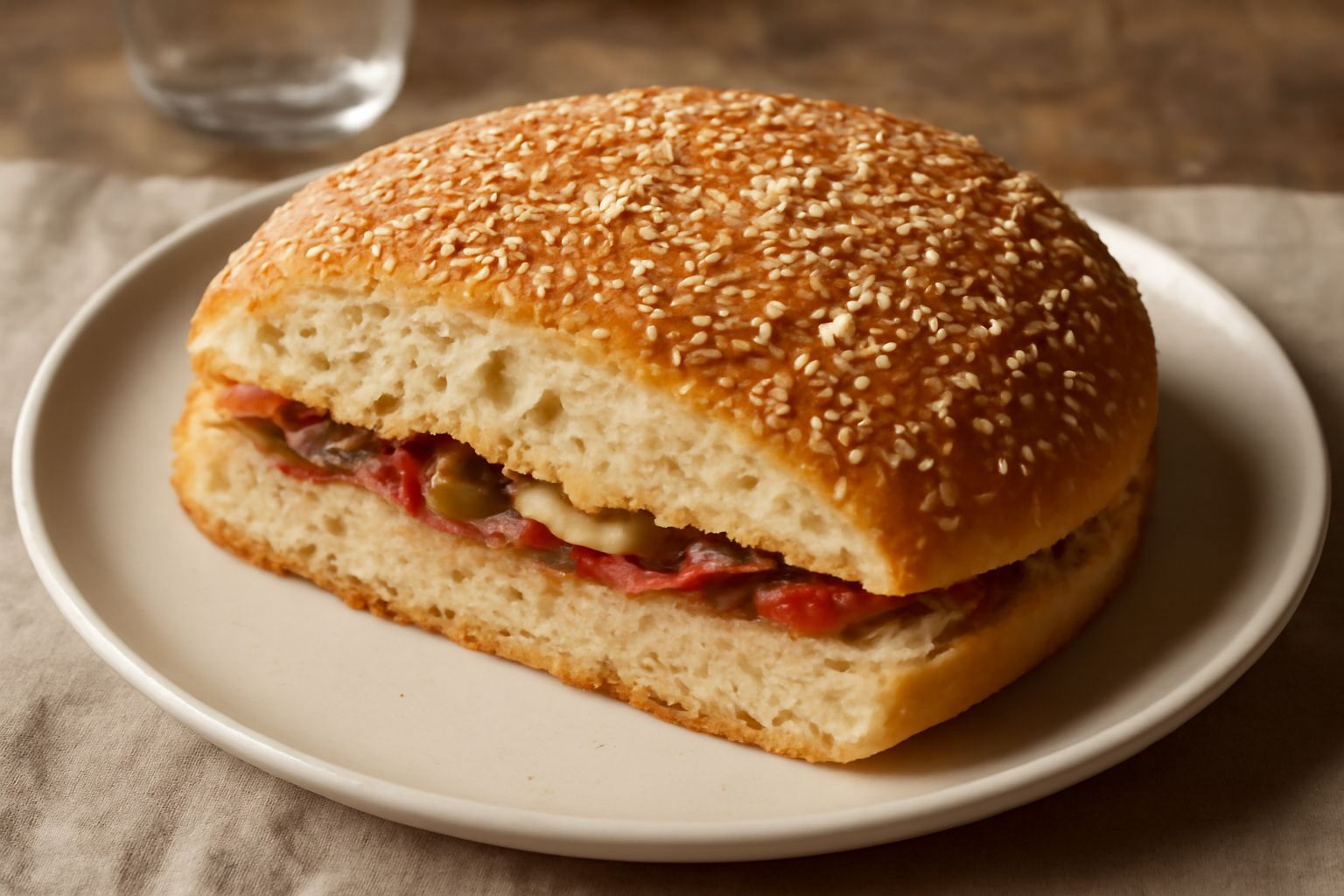 Muffuletta messinese dorata e croccante su tavolo di legno, cosparsa di sesamo bianco e sale grosso, tagliata a metà per mostrare la mollica soffice