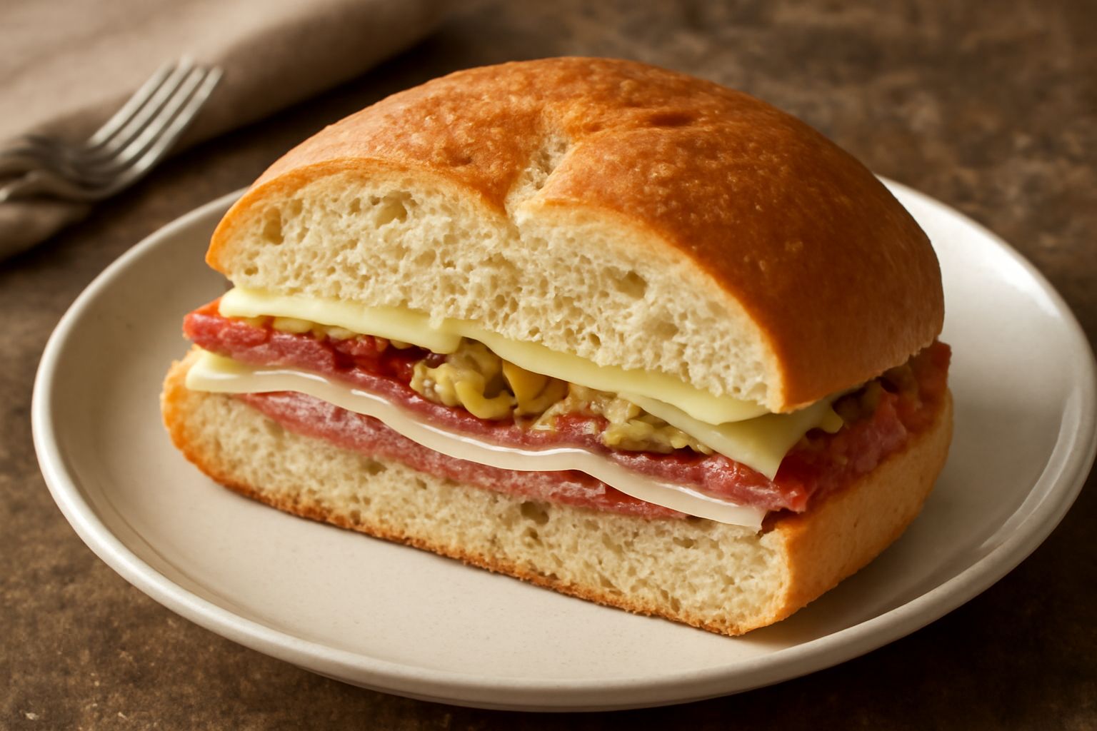 Muffuletta reggina tagliata a metà su un tagliere di legno: pane dorato e croccante, formaggio filante giallo, salumi rosa, melanzane grigie e peperoni rossi ben visibili all'interno