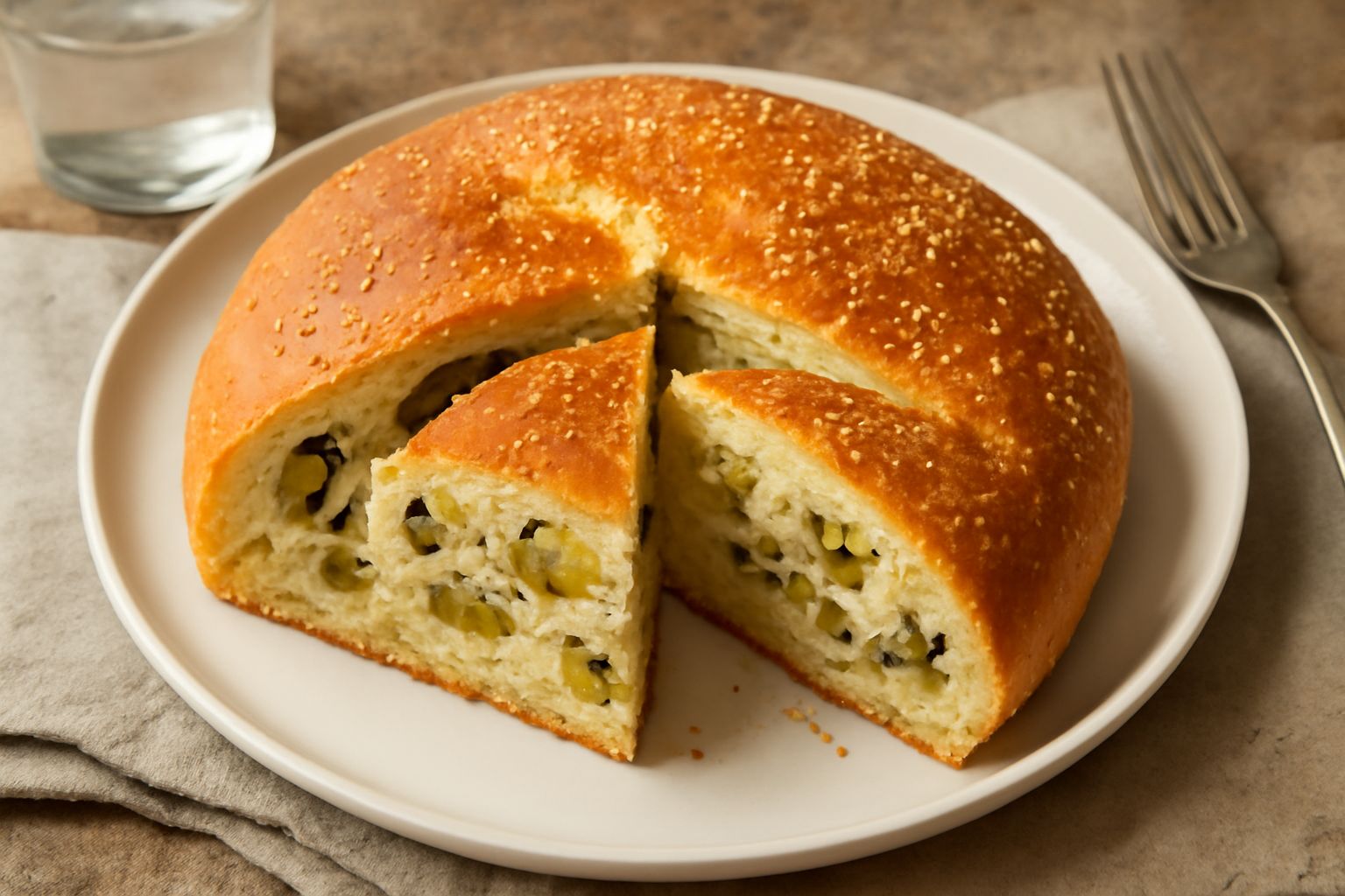 Muffuletta trapanese intera e tagliata a fette, pane giallo-dorato con crosta croccante, ripieno visibile di olive verdi, formaggio grattugiato e alici salate, su tavolo di legno scuro