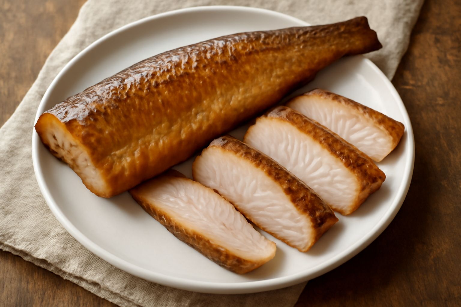 Filetti di muggine affumicato disposti in piatto bianco, color dorato e marrone scuro, con buccia lucida, accompagnati da spicchi di limone fresco e foglie di prezzemolo, gocce di olio extravergine vi