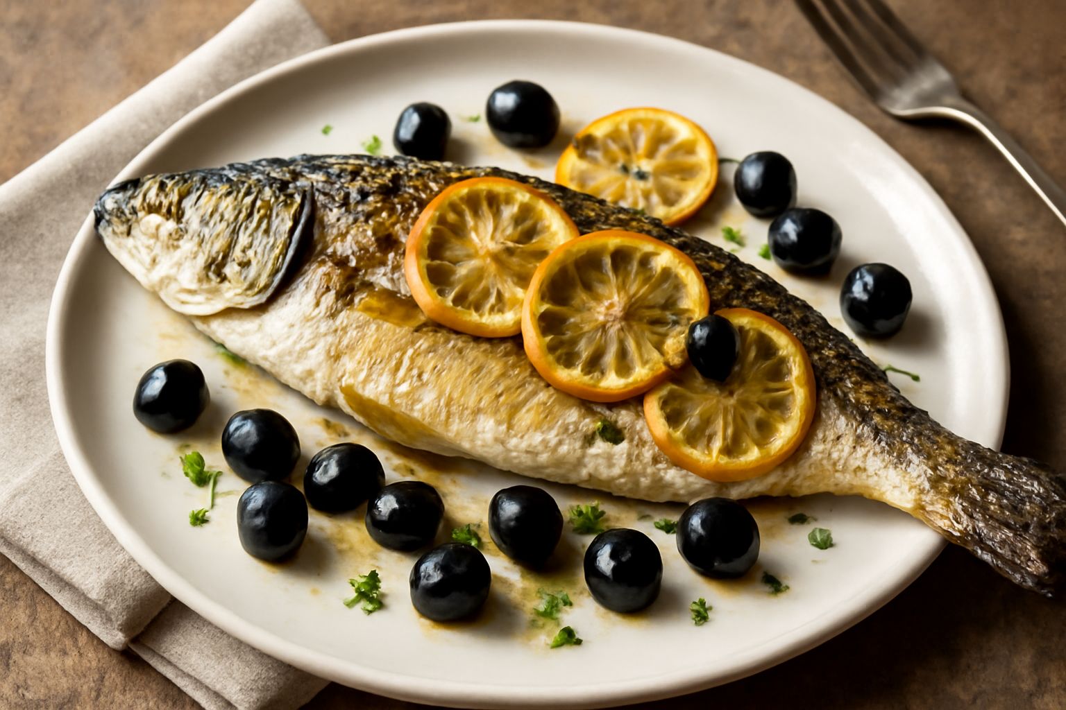 Muggine intero dorato al forno in pirofila, con limone affettato, olive nere e prezzemolo fresco sparsi intorno, fondo bianco scuro