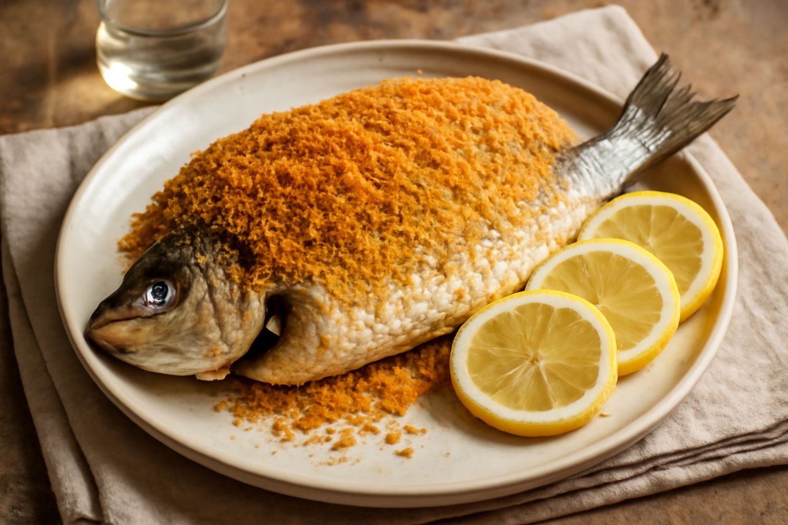 Muggine intero al forno su piatto bianco, rivestito di pane grattugiato dorato e croccante, condito con limone fresco, prezzemolo e un filo di olio, contorno di verdure al forno sfumate