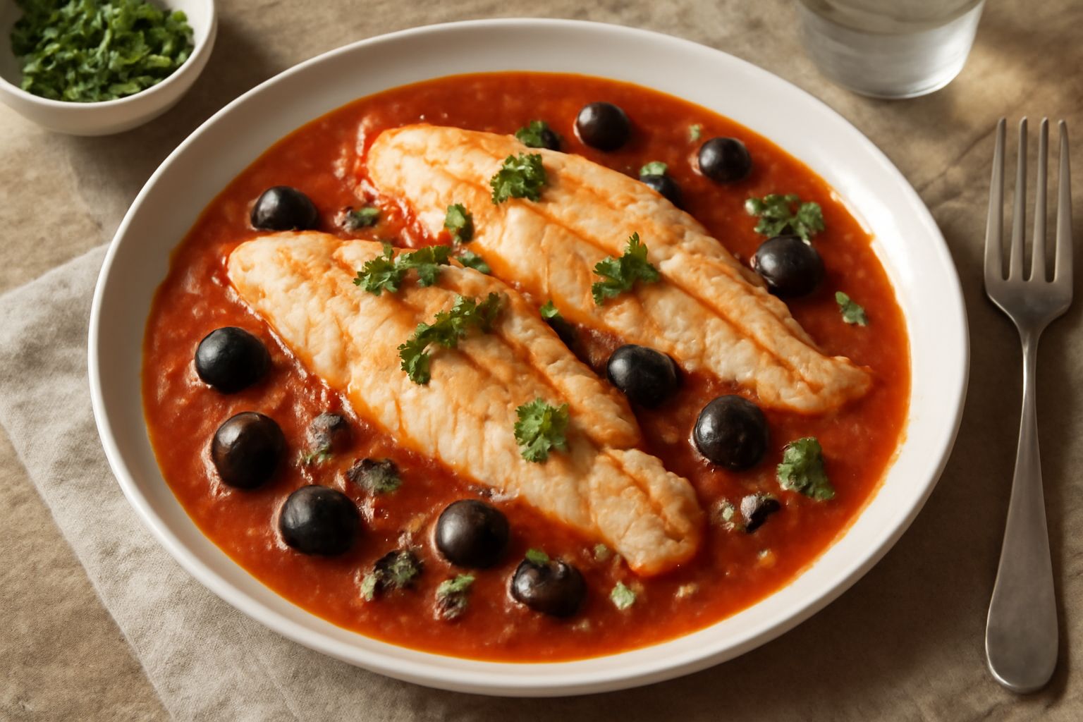 Muggine intero o filetti bianchi in salsa rossa di pomodoro con olive nere e pomodorini, guarnito di prezzemolo fresco verde, servito in piatto bianco fondo con contorno di pane tostato