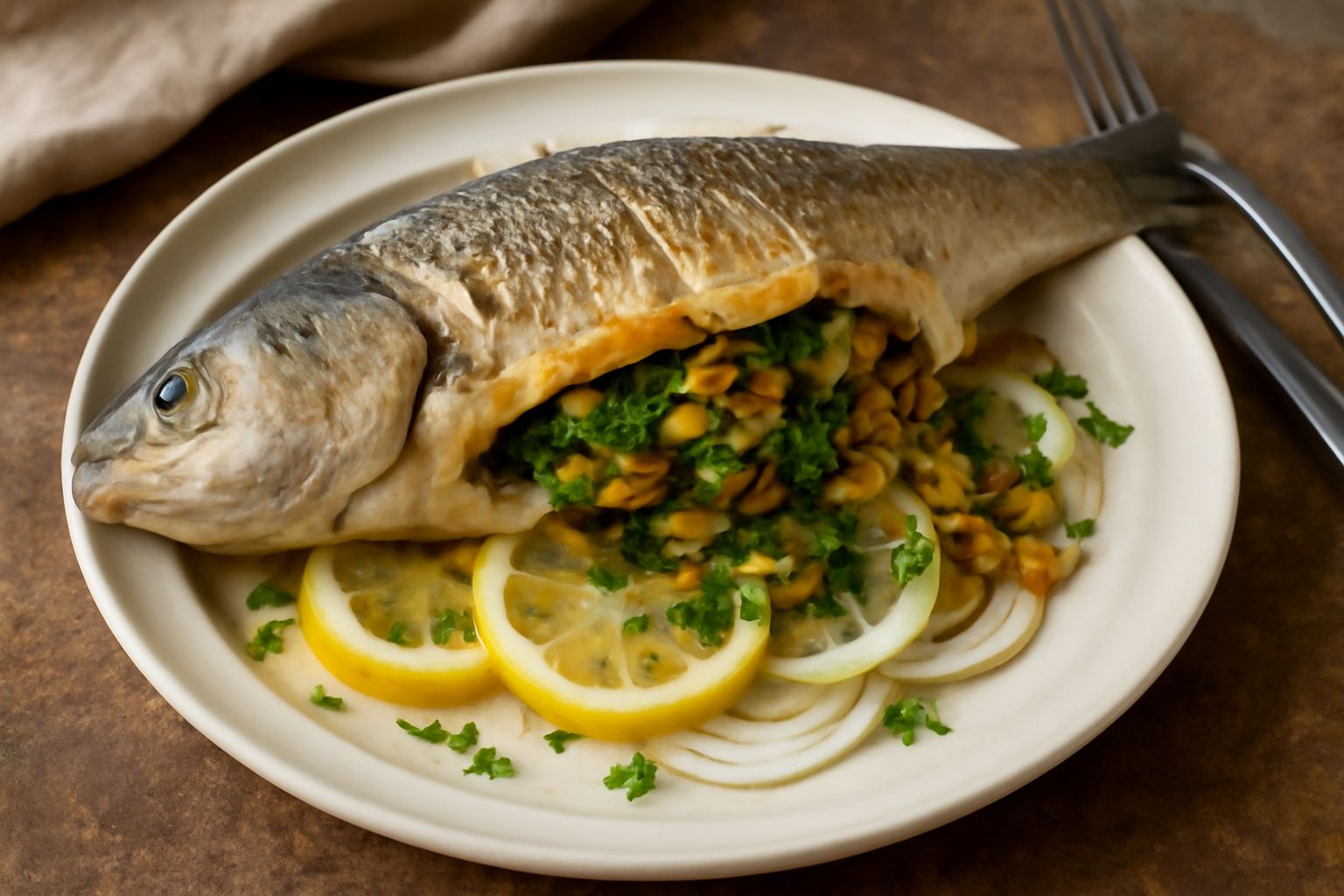 Muggine intero arrosto su piatto bianco, farcito di verdure tritate, con spicchi di limone, fetta di cipolla e rami di prezzemolo fresco sul contorno