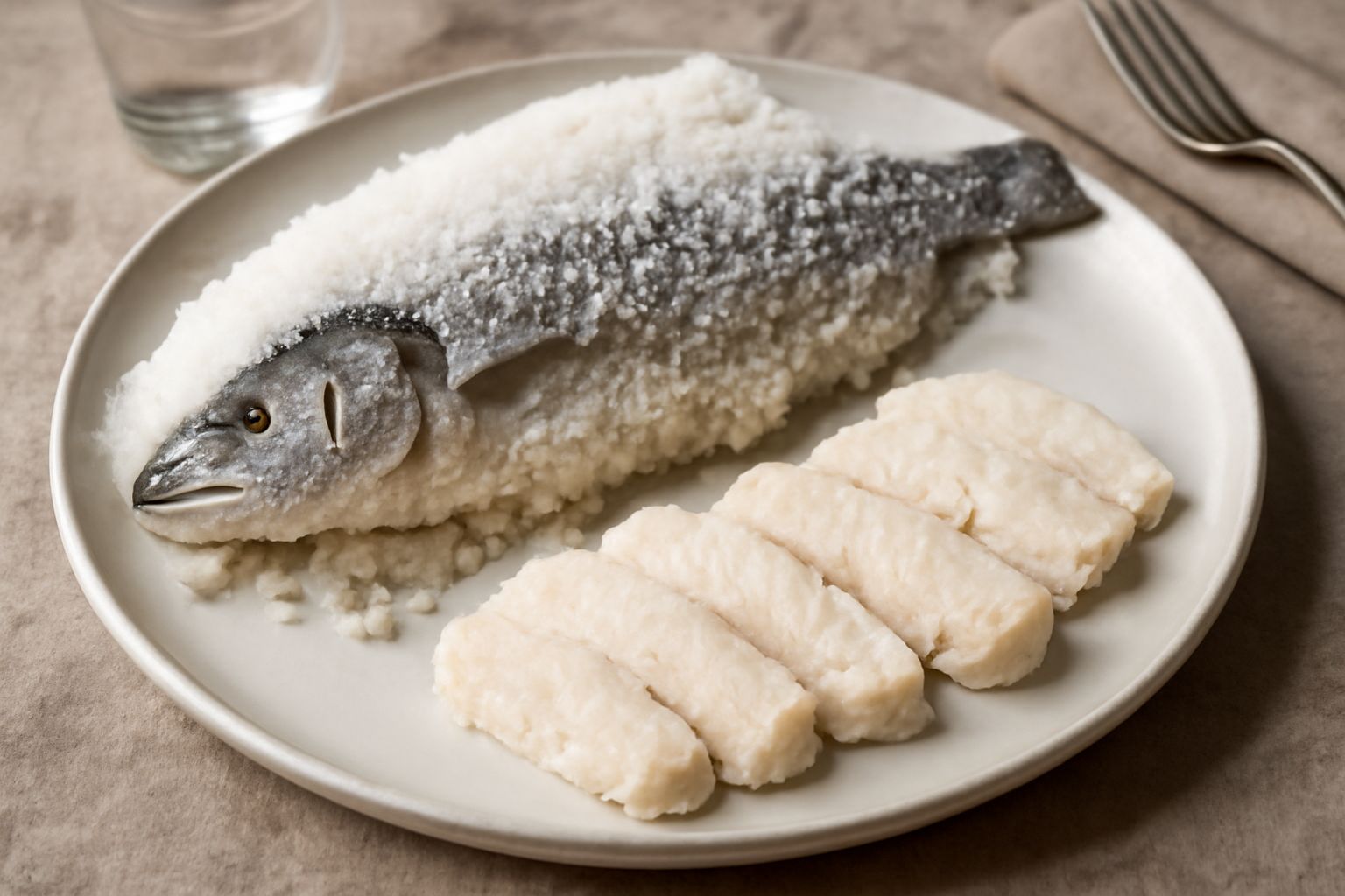 Muggini interi coperti di sale marino grosso in una ciotola di vetro, con cristalli di sale visibili sulla pelle argentata del pesce, sfondo bianco neutro