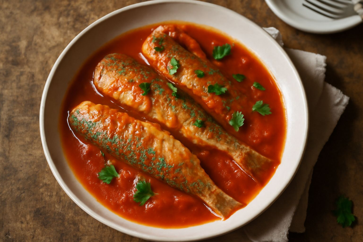Tre filetti di muggine dorati cotti in umido, adagiati in un piatto bianco con sugo rosso di pomodoro e prezzemolo verde tritato, accompagnati da fette di limone