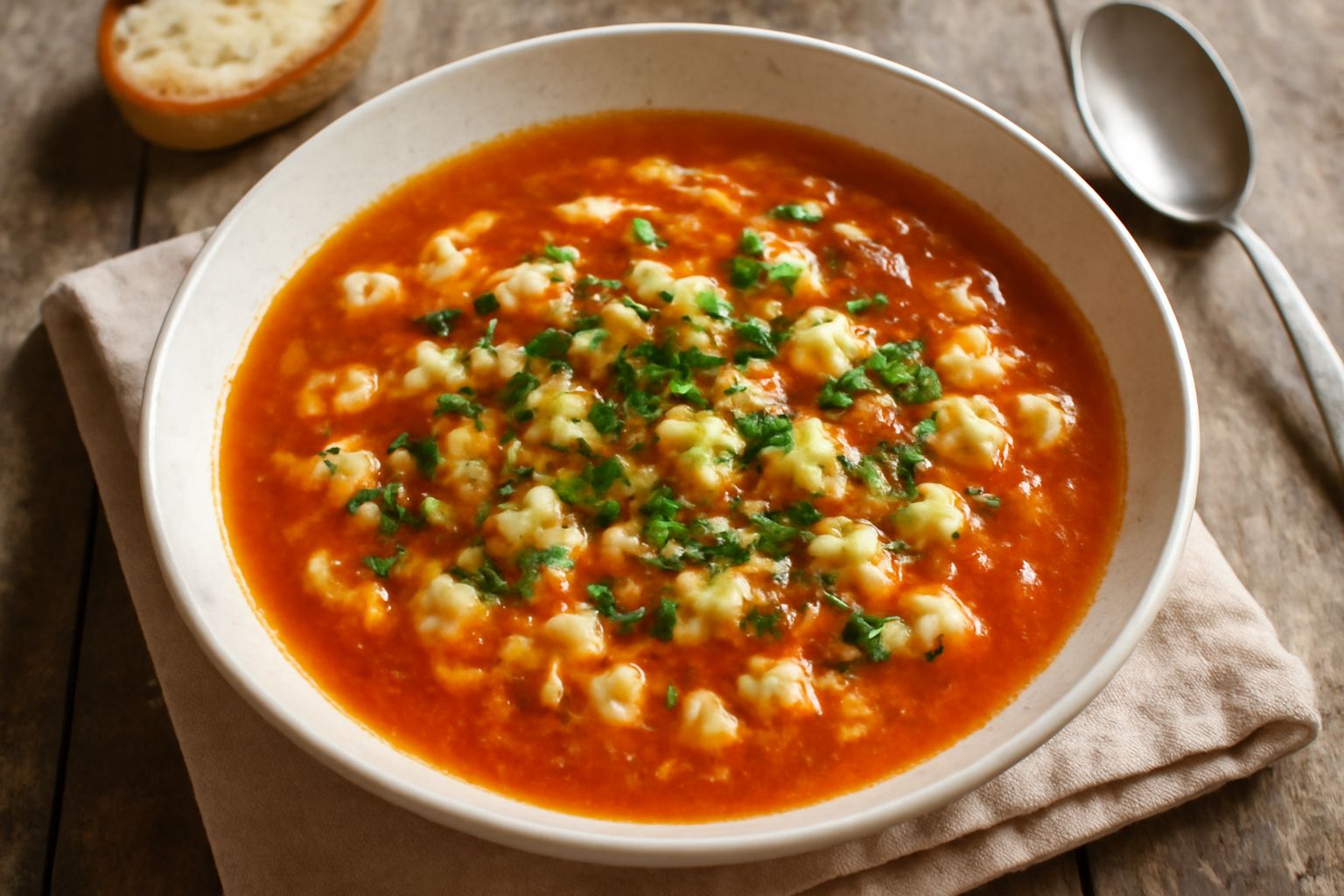 Mugnulata in una ciotola di terracotta bianca: zuppa di pesce di colore arancio-rosso con pezzi di pesce bianco, pomodoro e brodo caldo, guarnita con prezzemolo verde fresco, servita con fette di pane