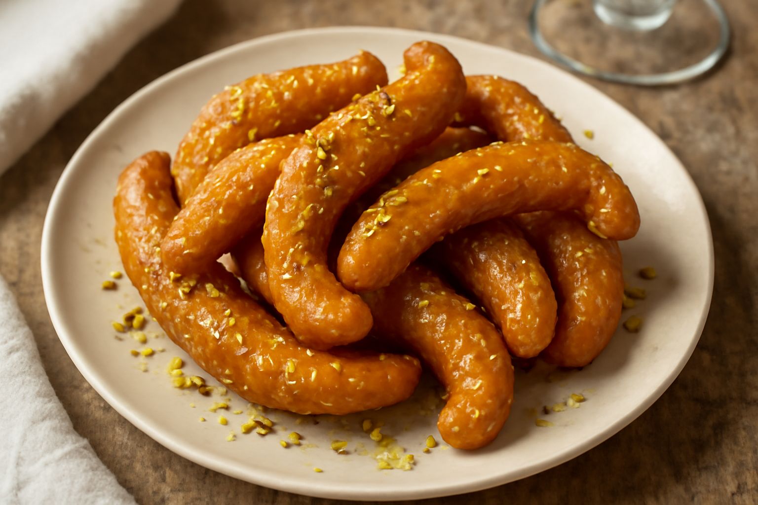 Mugnuli dorati e croccanti impilati su un piatto bianco, ricoperti di miele lucido, granella di pistacchio verde e mosto cotto scuro, con vapore leggero che sale
