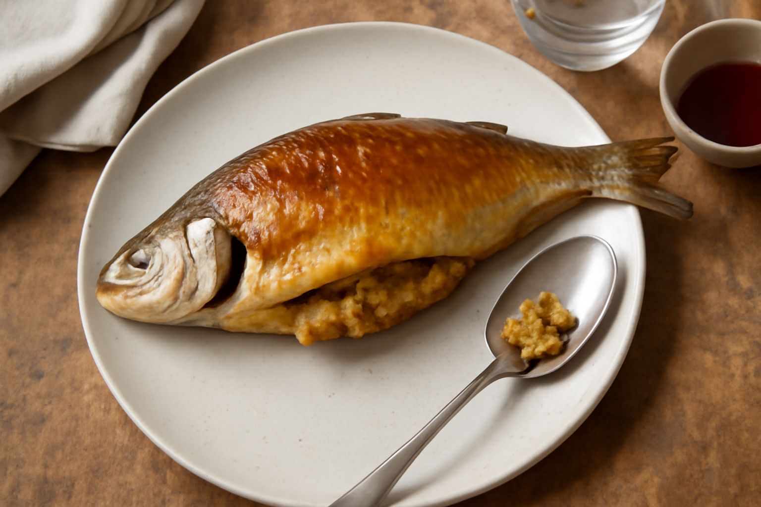 Muletto intero ripieno adagiato su piatto bianco con spicchi di limone, prezzemolo fresco e un filo di olio d'oliva dorato, servito al forno appena cotto.