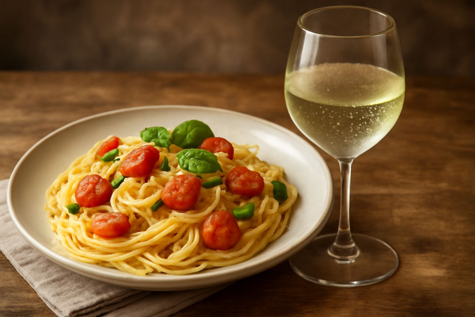 Bicchiere di vino bianco Müller Thurgau di color giallo paglierino, con riflessi verdastri, con sottofondo grappoli d'uva bianca e accanto una bottiglia di vetro chiaro riempita a metà di vino traspar