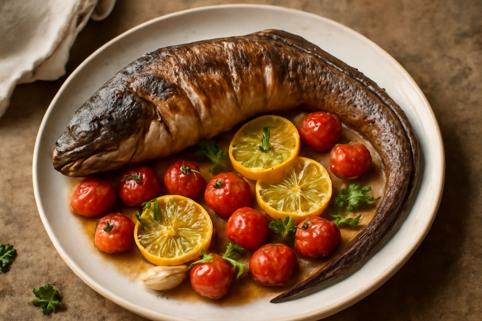 Murena intera dorata al forno su piatto bianco, contornata da limone affettato, pomodorini rossi e prezzemolo fresco, con pelle croccante visibile e verdure caramellate ai lati