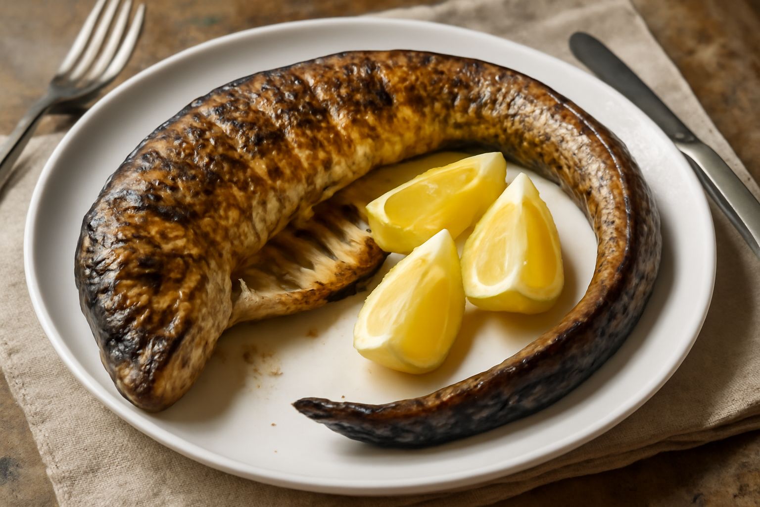 Murena intera grigliata disposta su un piatto bianco con contorno di limone fresco tagliato a spicchi, prezzemolo verde e gocce di olio d'oliva visibili sulla pelle arrostita