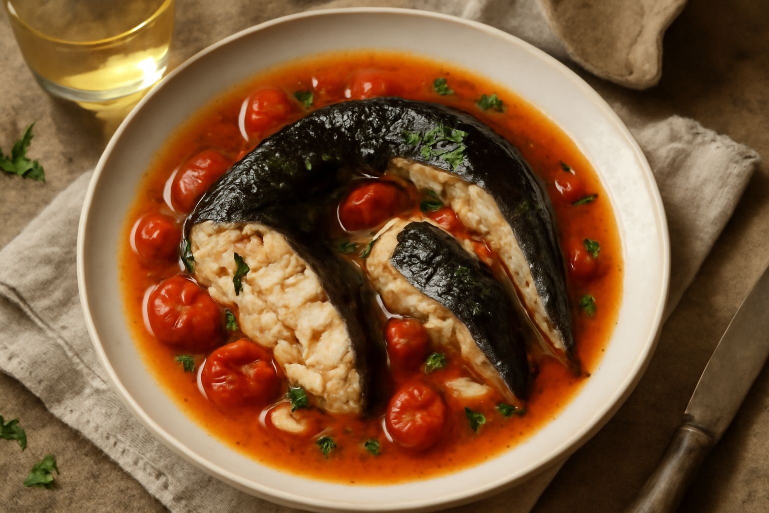 Murena intera servita in un piatto fondo di ceramica bianca, circondata da brodo trasparente con pomodori rossi, prezzemolo verde fresco, fette di limone e aglio, olio d'oliva lucido in superficie, pe